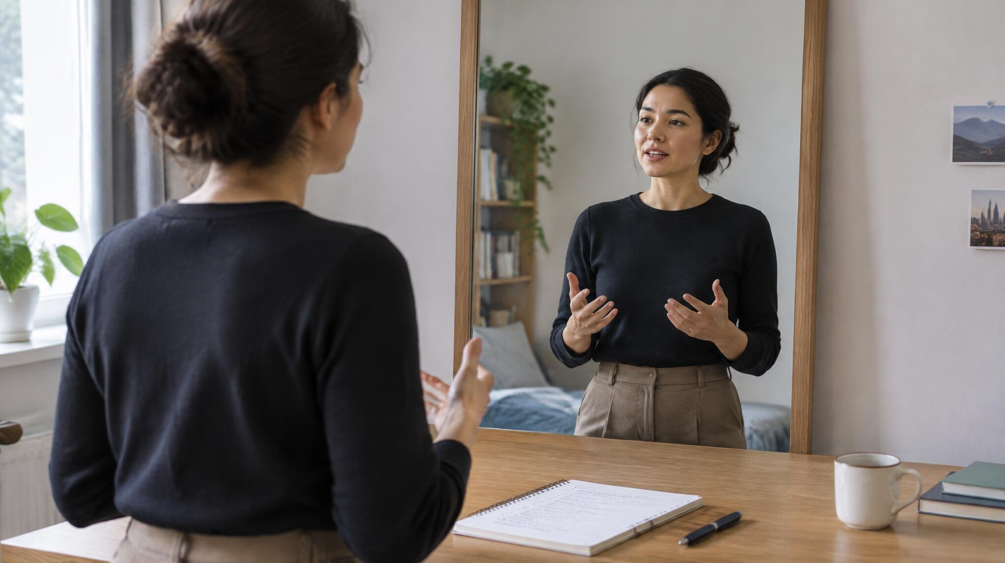 woman practicing speech in mirror