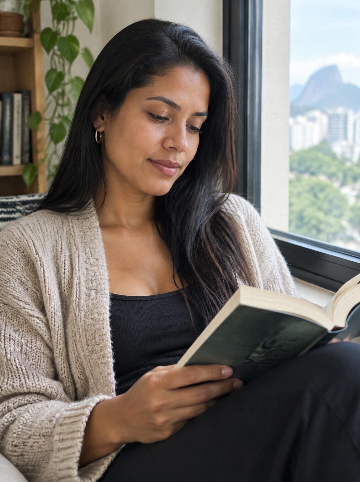 Brazilian woman reading a book calmly by a window