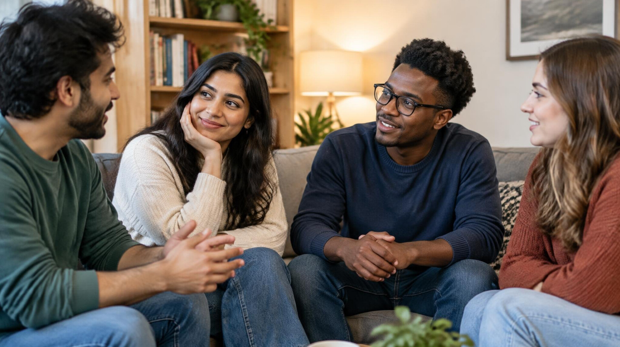 friends talking on couch